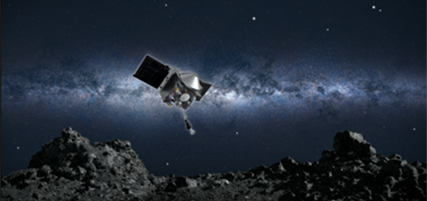 Artist conception of spacecraft collecting a sample from asteroid Bennu