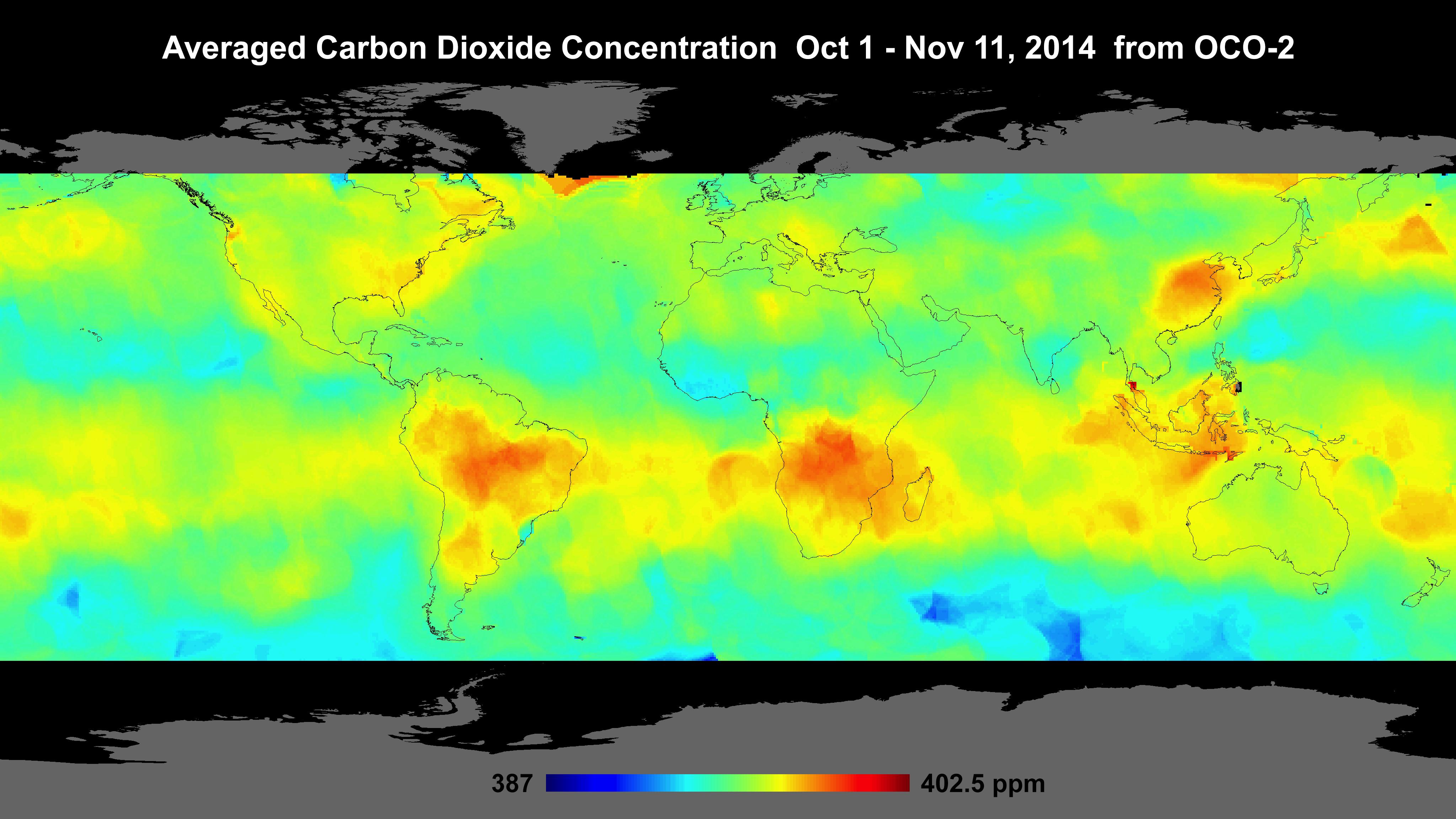 CO2 emissions in yellow and green clouds across the globe as tracked by instruments on NASA's A-Train