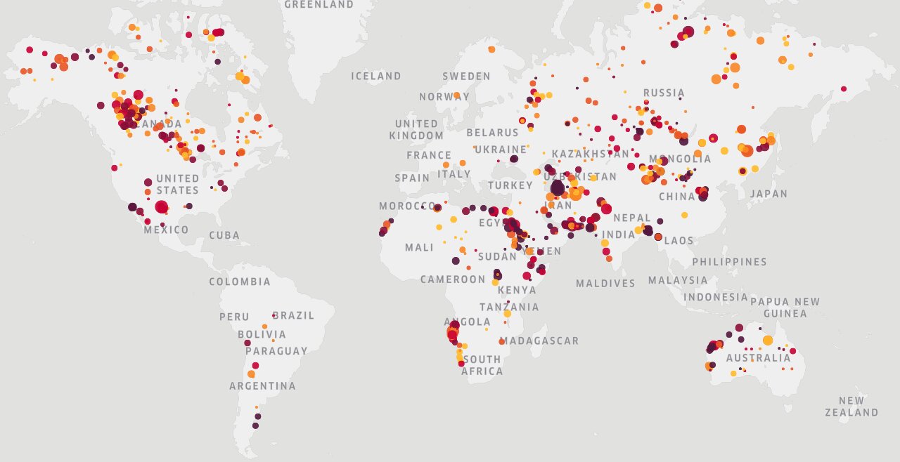 Map of the world overlaid with dots representing methane concentrations